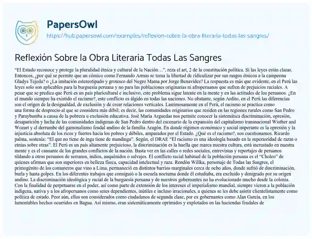 Essay on Reflexión Sobre la Obra Literaria Todas Las Sangres