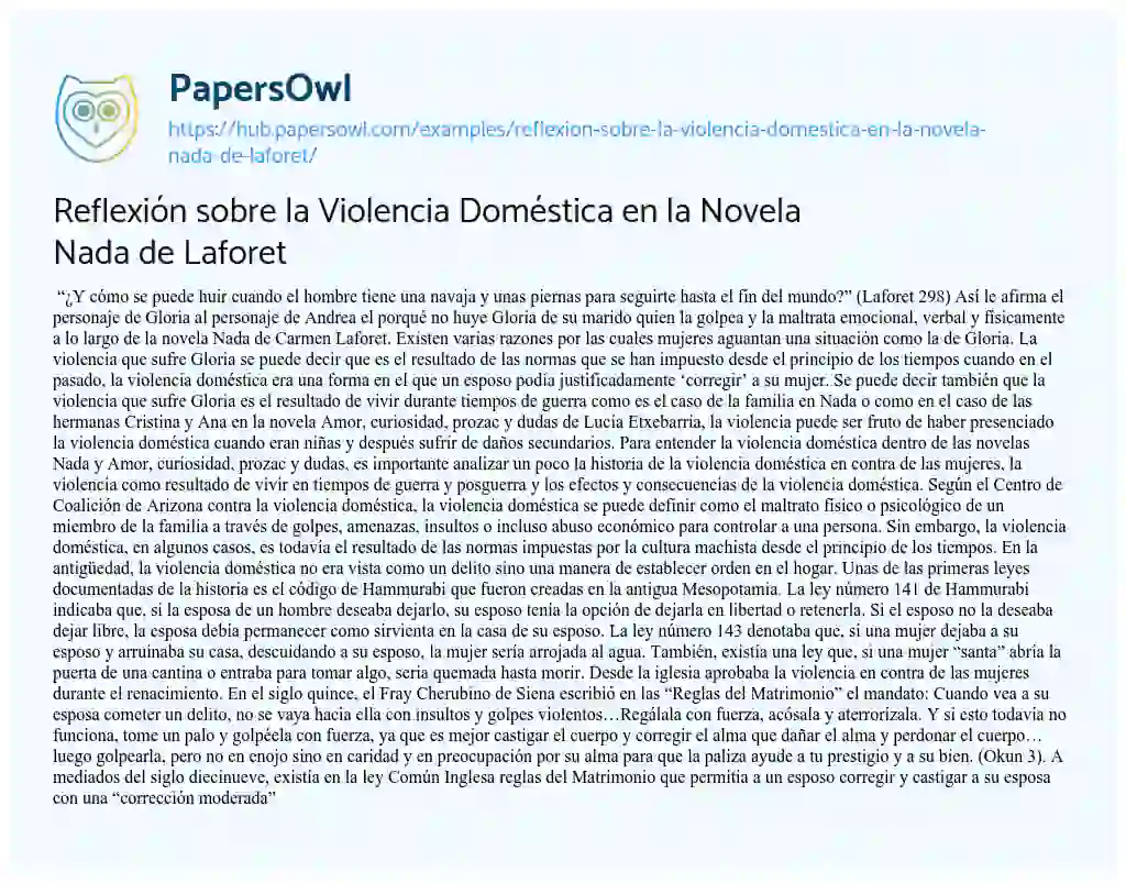 Essay on Reflexión sobre la Violencia Doméstica en la Novela Nada de Laforet