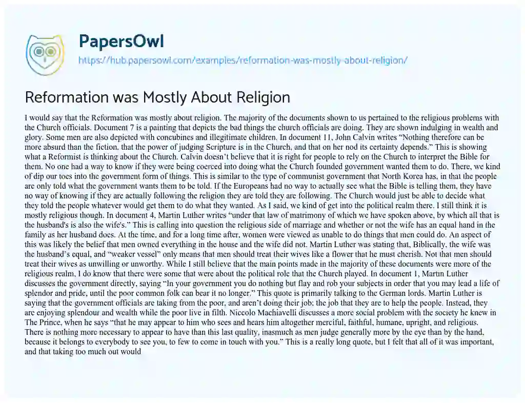 Essay on Reformation was Mostly About Religion