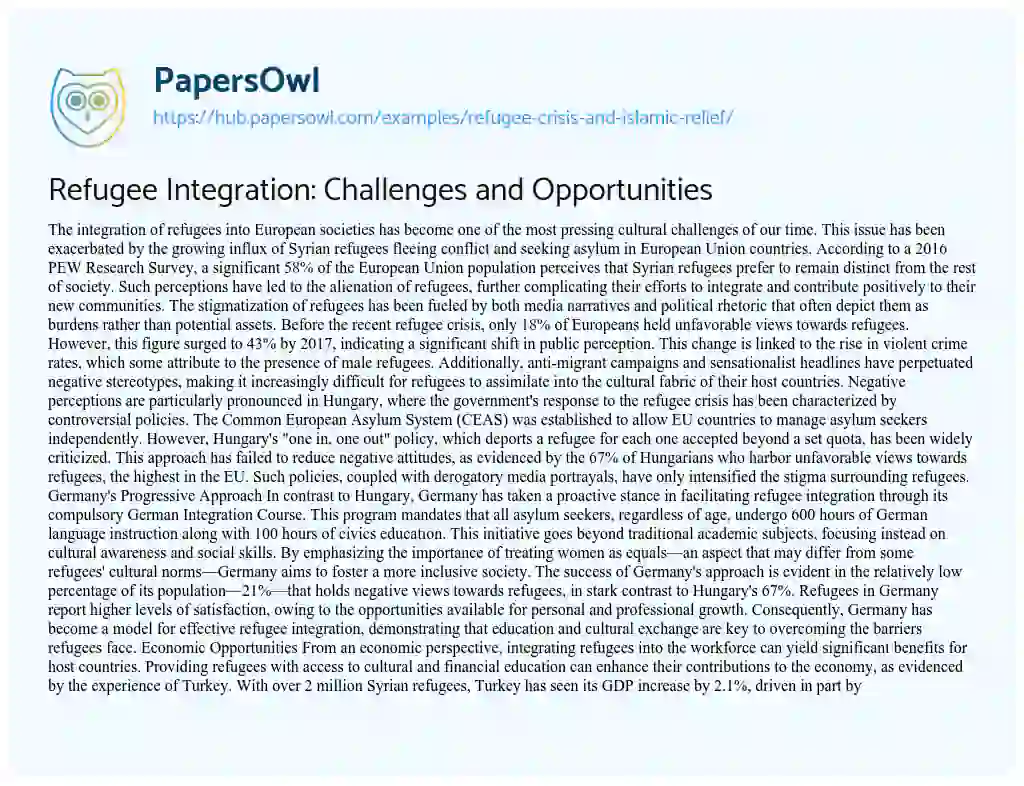 Essay on Refugee Integration: Challenges and Opportunities