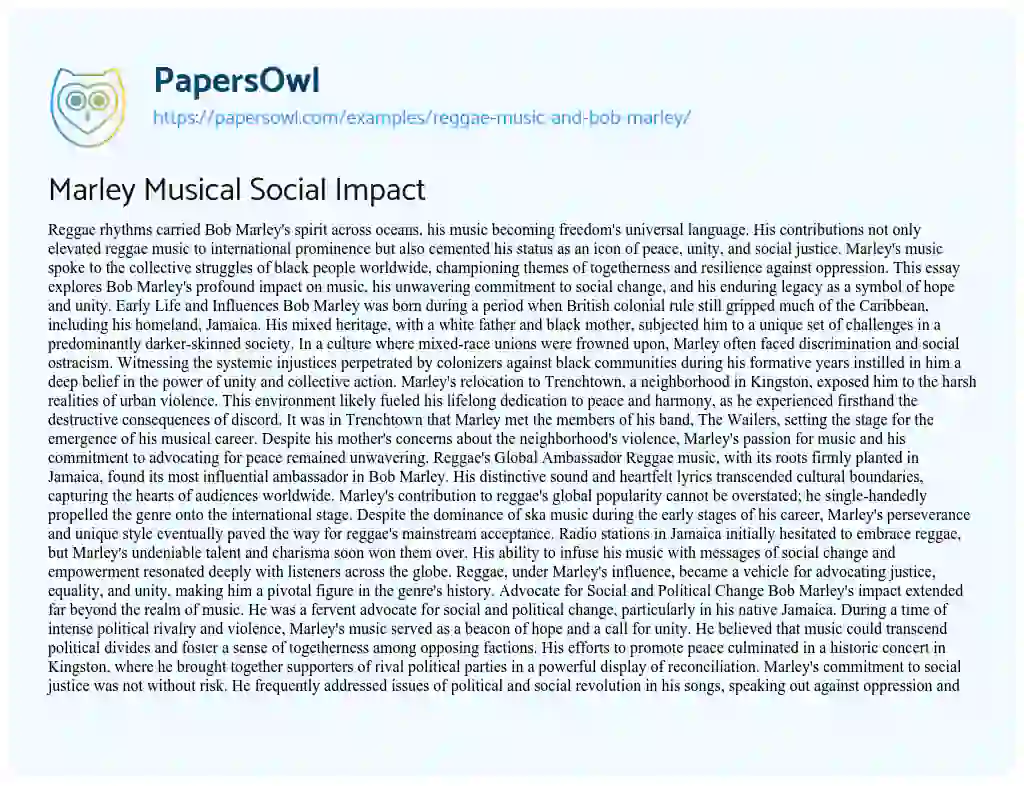 Essay on Marley Musical Social Impact