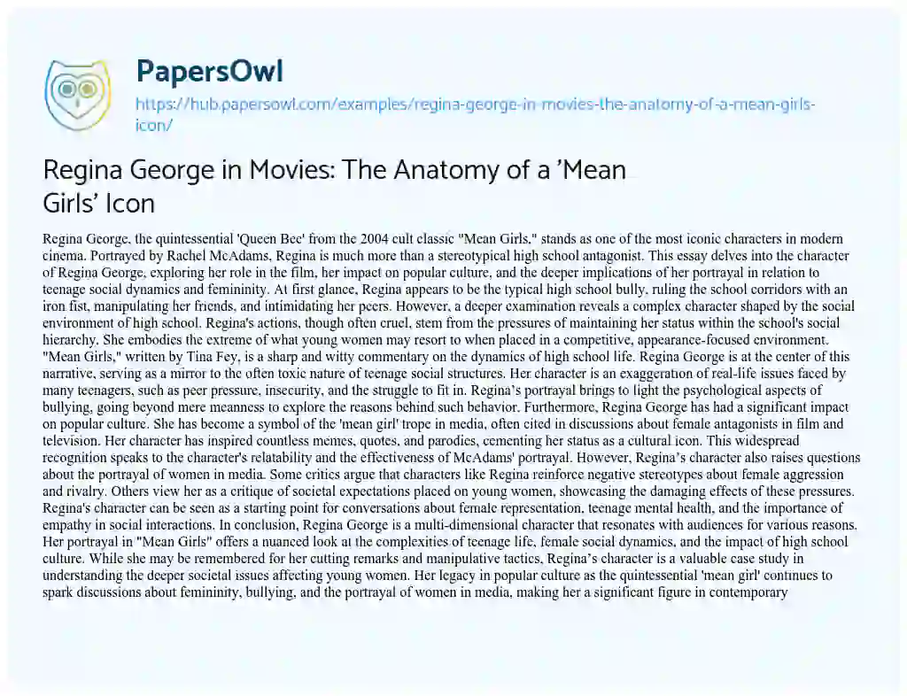 Essay on Regina George in Movies: The Anatomy of a ‘Mean Girls’ Icon