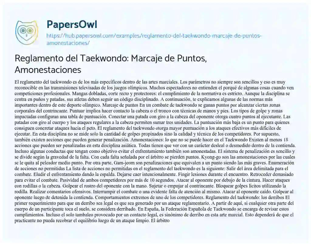 Essay on Reglamento del Taekwondo: Marcaje de Puntos, Amonestaciones