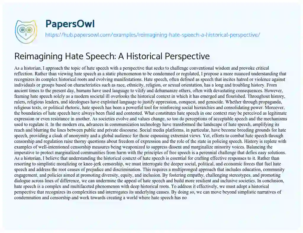 Essay on Reimagining Hate Speech: A Historical Perspective