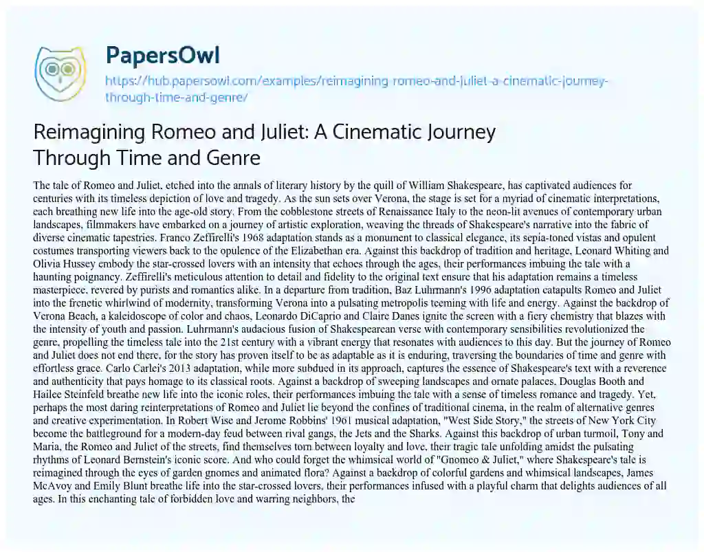 Essay on Reimagining Romeo and Juliet: A Cinematic Journey Through Time and Genre