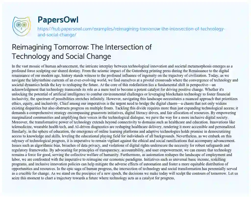 Essay on Reimagining Tomorrow: The Intersection of Technology and Social Change