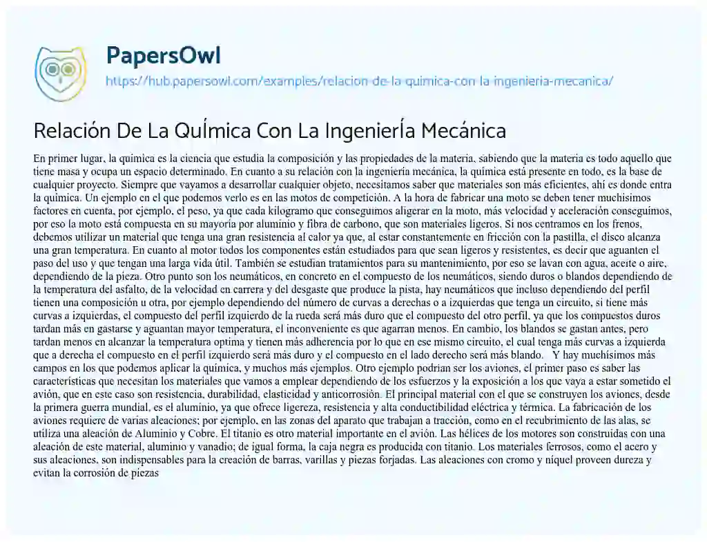 Essay on Relación De La QuÍmica Con La IngenierÍa Mecánica