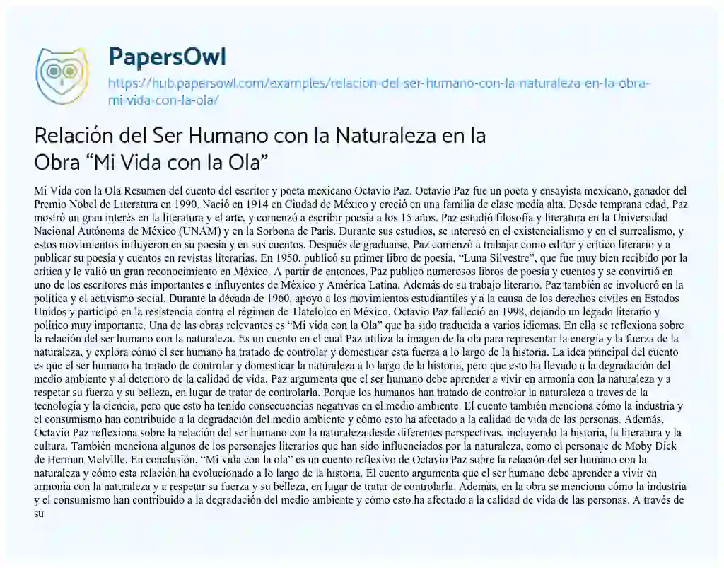 Essay on Relación del Ser Humano con la Naturaleza en la Obra “Mi Vida con la Ola”