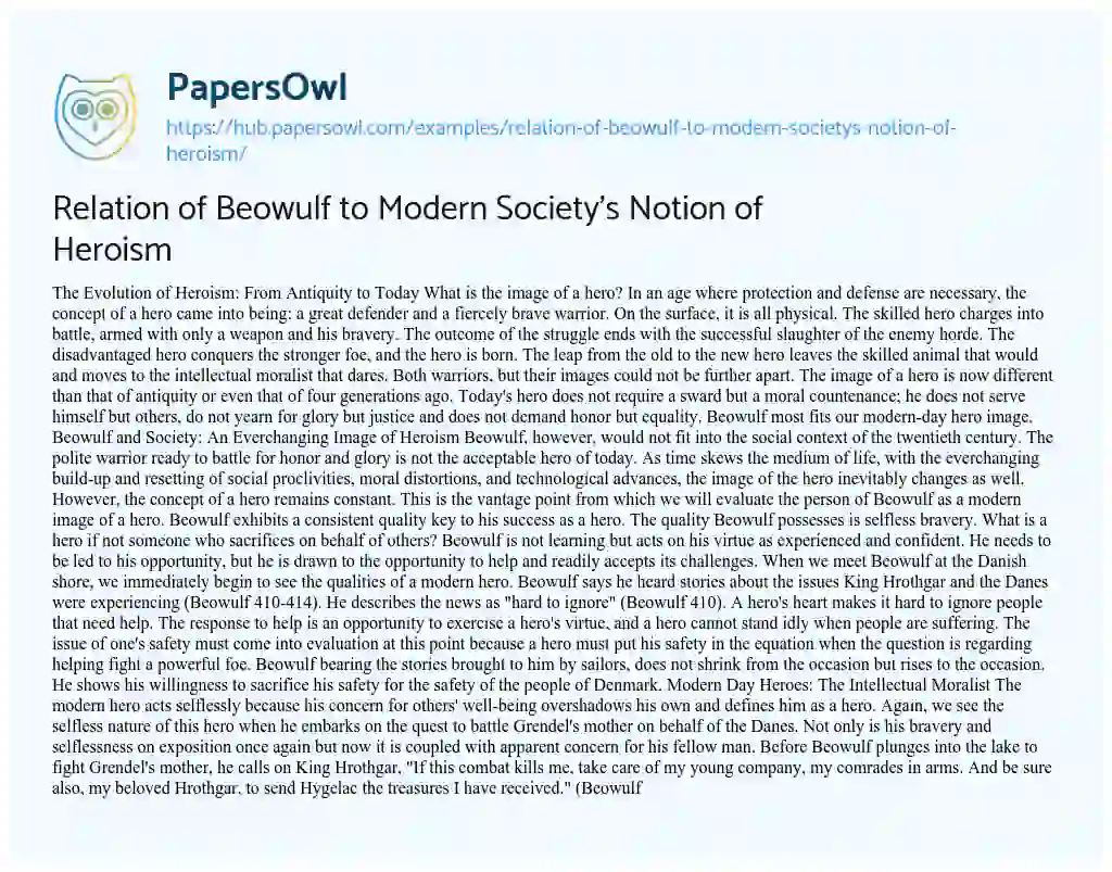 Essay on Relation of Beowulf to Modern Society’s Notion of Heroism