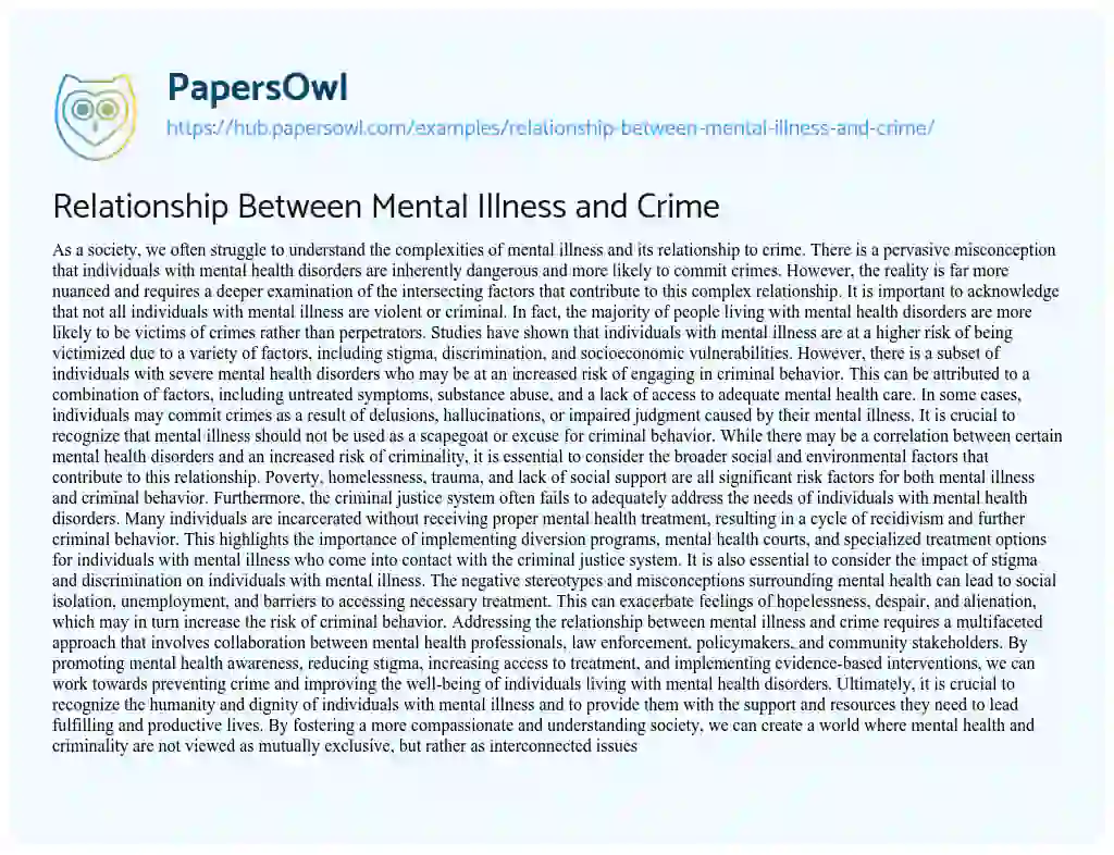 Essay on Relationship Between Mental Illness and Crime