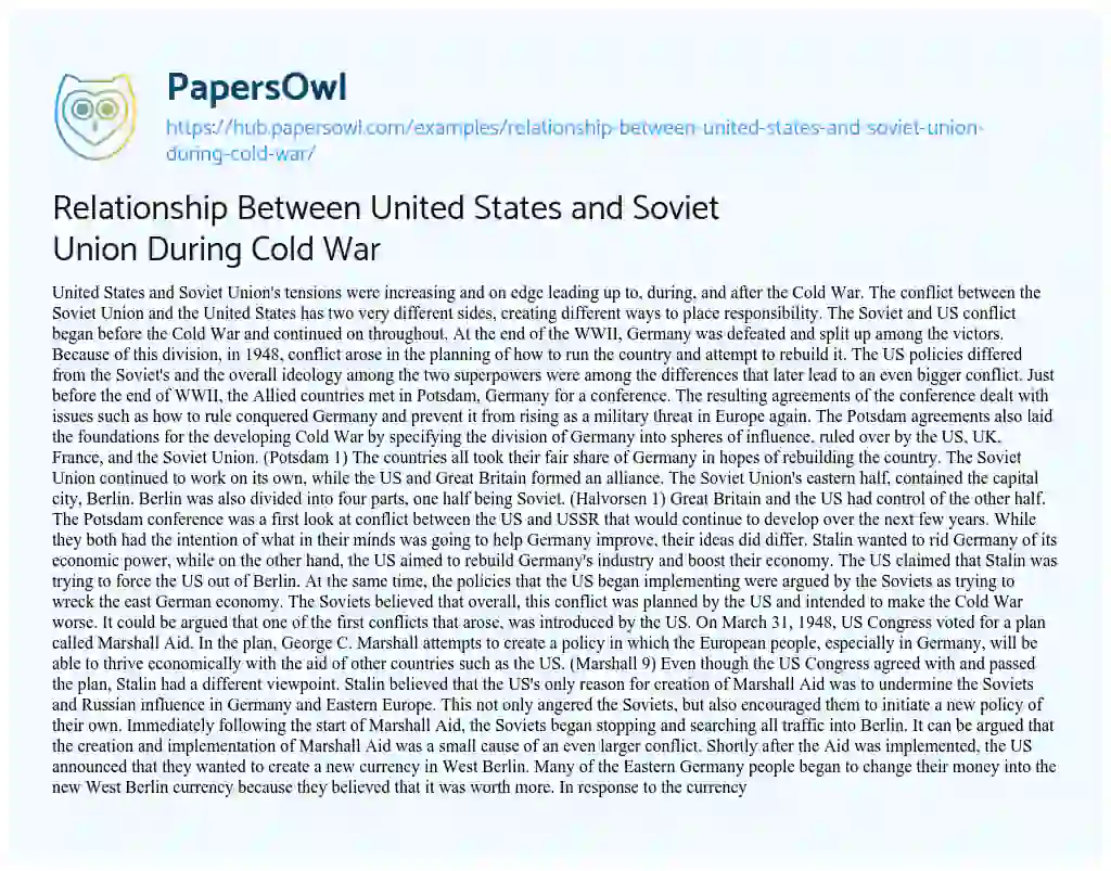 Essay on Relationship Between United States and Soviet Union During Cold War