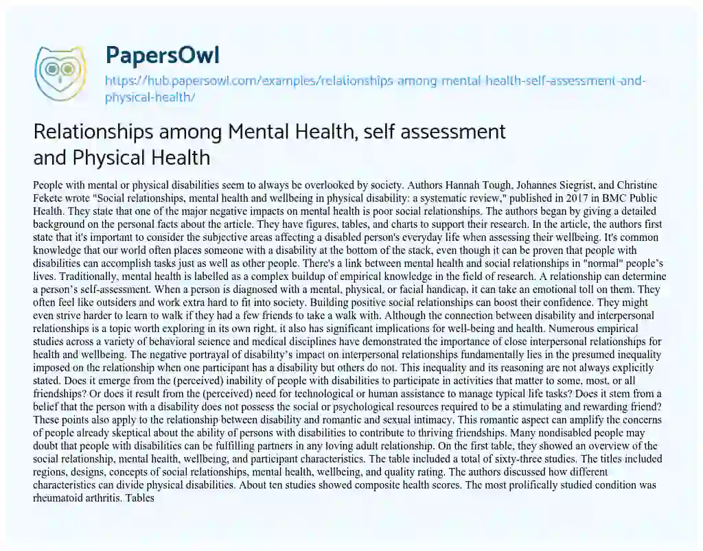 Essay on Relationships among Mental Health, self assessment and Physical Health