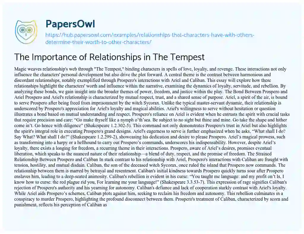 Essay on The Importance of Relationships in The Tempest