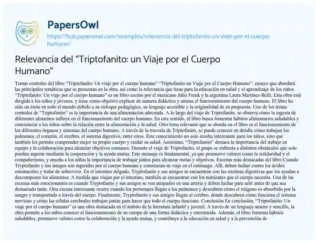 Essay on Relevancia del “Triptofanito: un Viaje por el Cuerpo Humano”