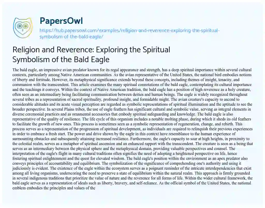 Essay on Religion and Reverence: Exploring the Spiritual Symbolism of the Bald Eagle