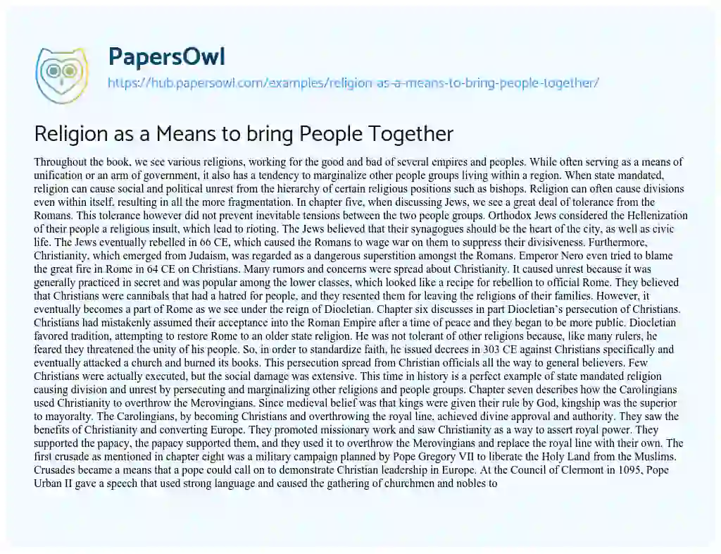 Essay on Religion as a Means to bring People Together