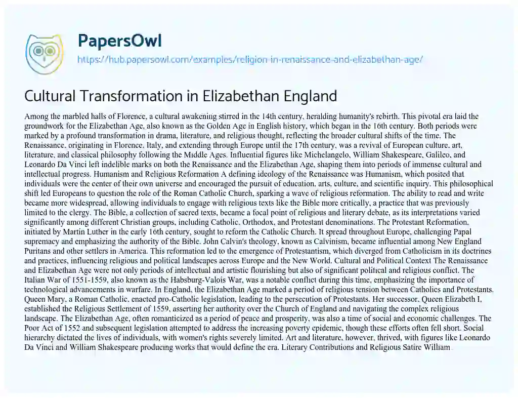 Essay on Cultural Transformation in Elizabethan England