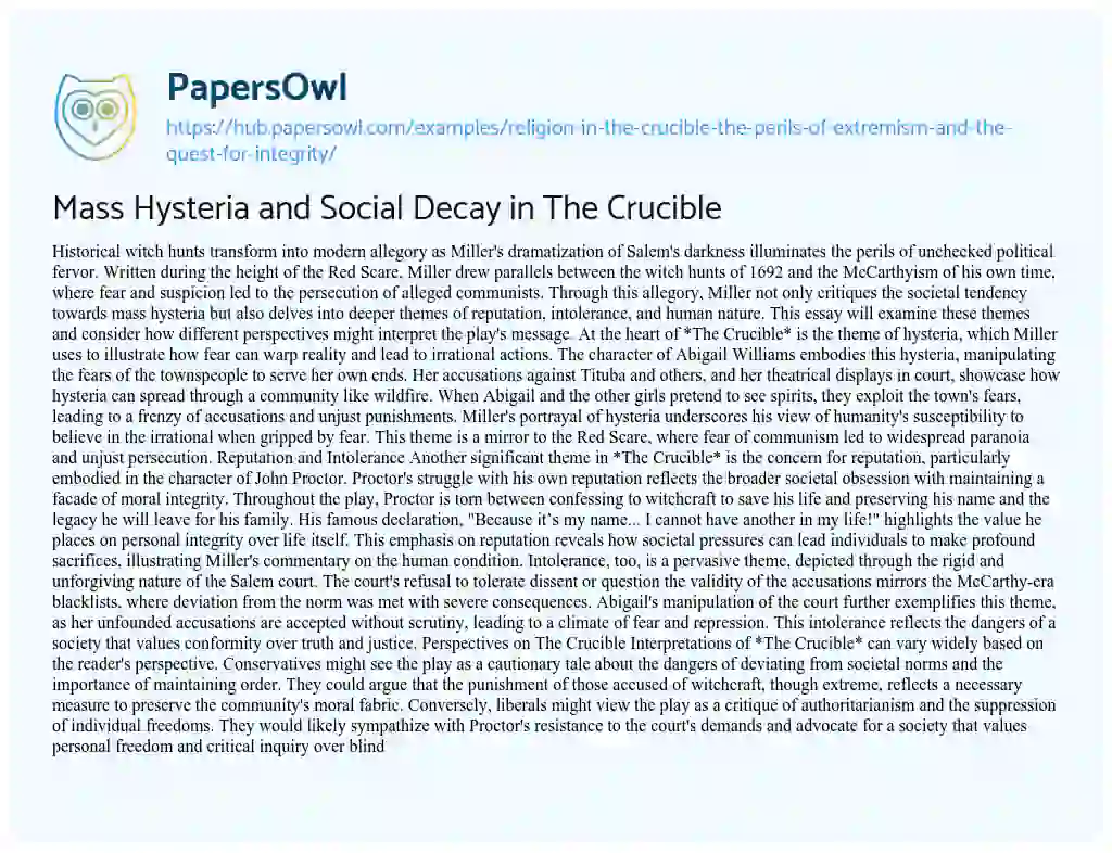 Essay on Mass Hysteria and Social Decay in The Crucible