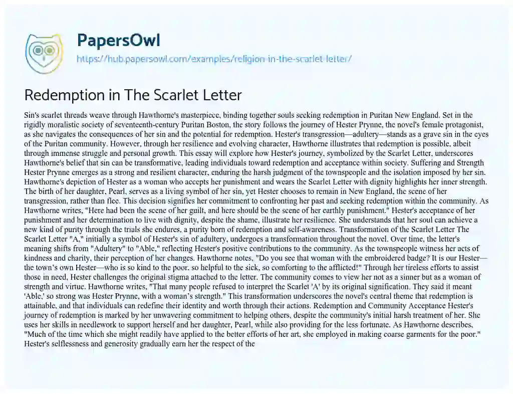 Essay on Redemption in The Scarlet Letter