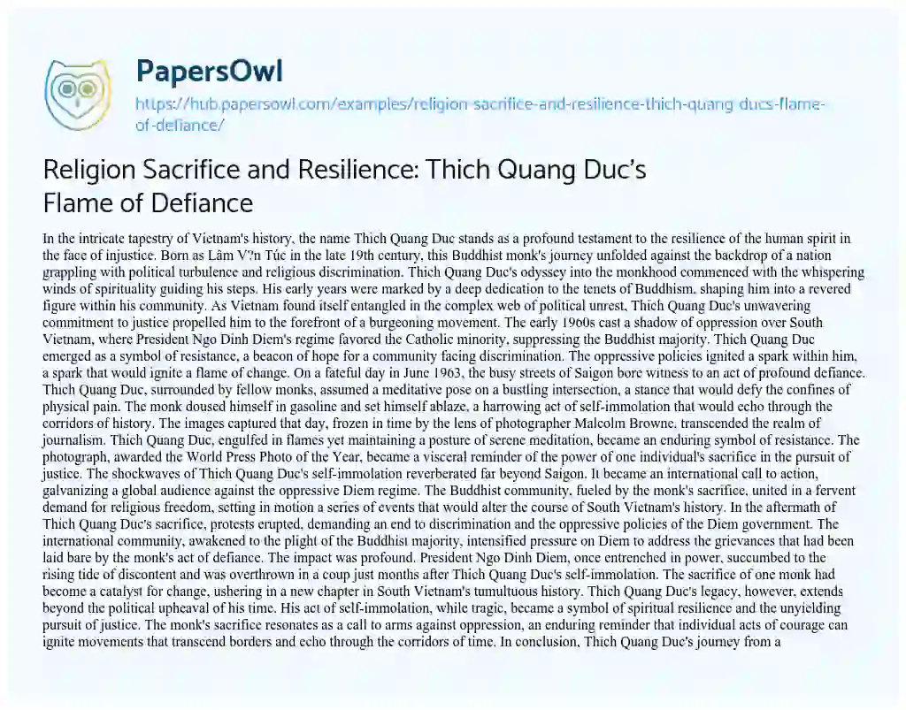 Essay on Religion Sacrifice and Resilience: Thich Quang Duc’s Flame of Defiance
