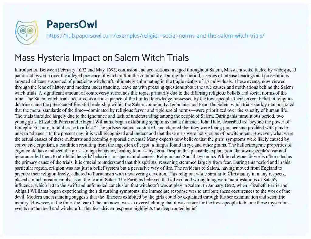 Essay on Mass Hysteria Impact on Salem Witch Trials