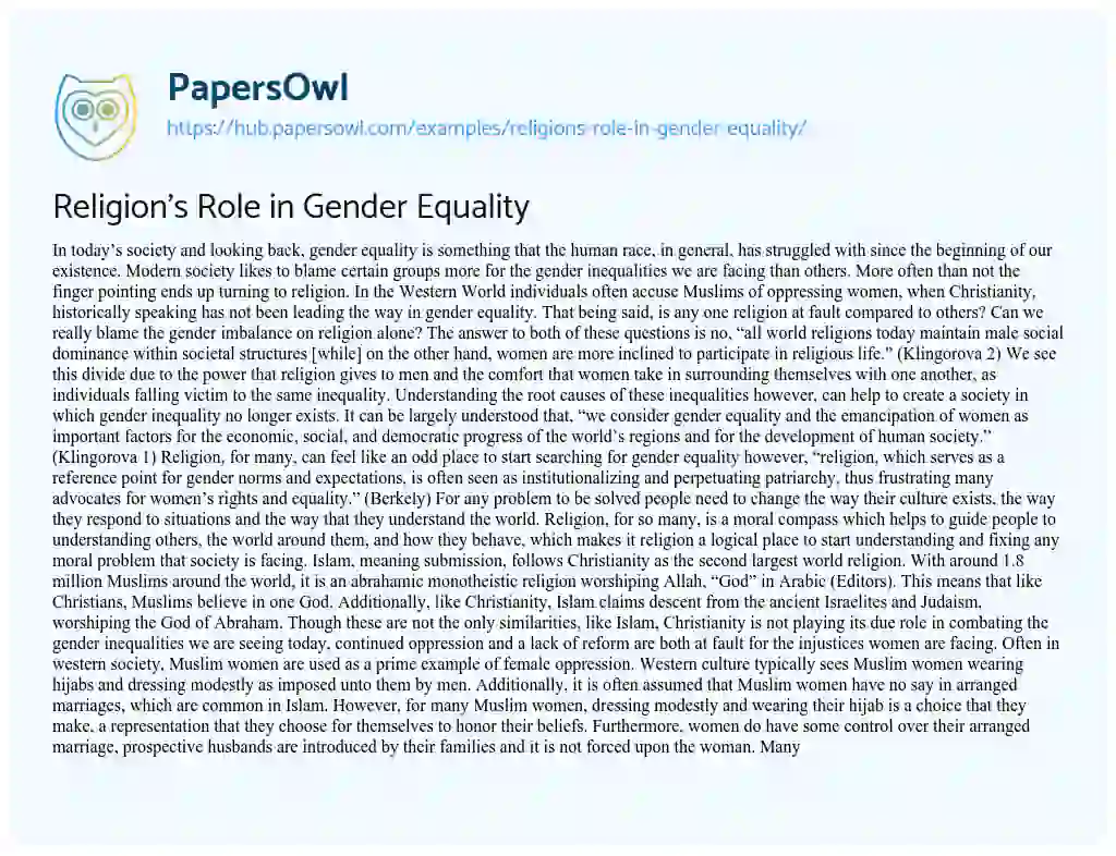 Essay on Religion’s Role in Gender Equality