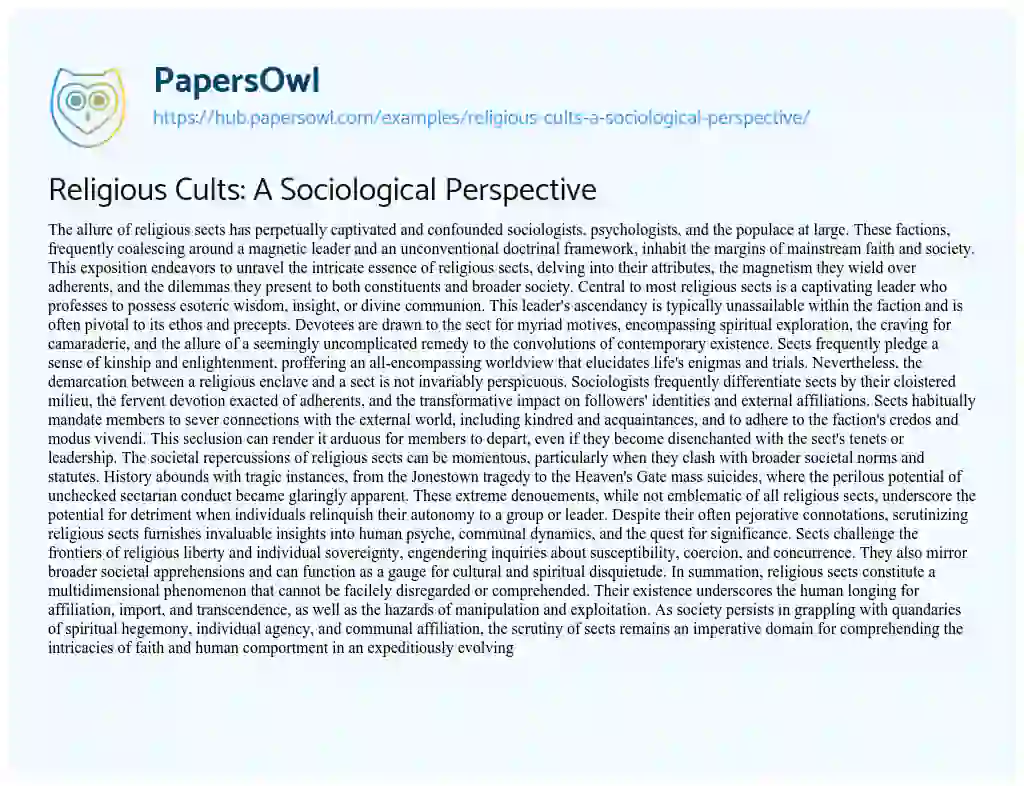 Essay on Religious Cults: A Sociological Perspective