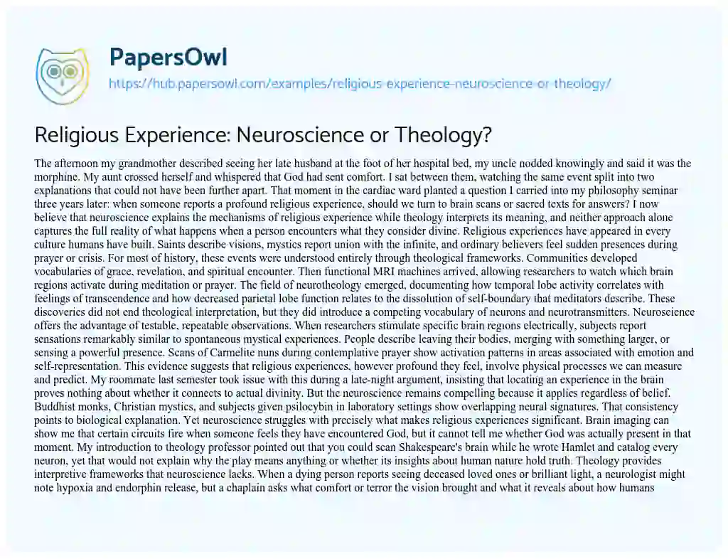 Essay on Religious Experience: Neuroscience or Theology?