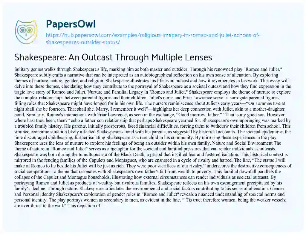 Essay on Shakespeare: An Outcast Through Multiple Lenses