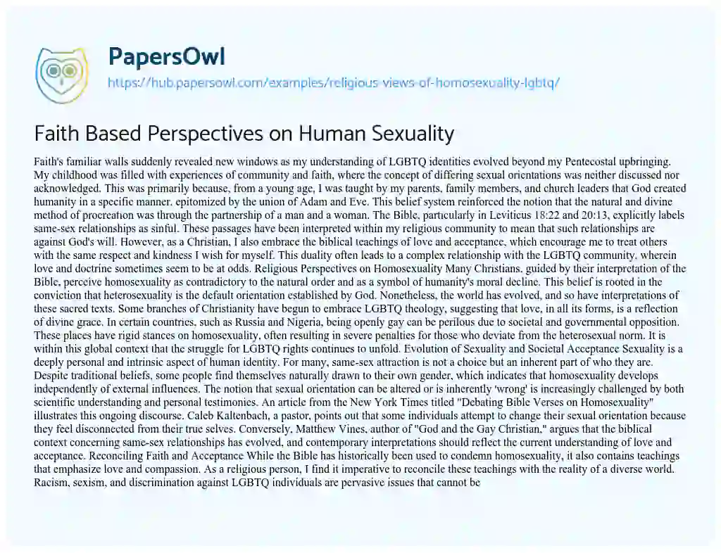 Essay on Faith Based Perspectives on Human Sexuality