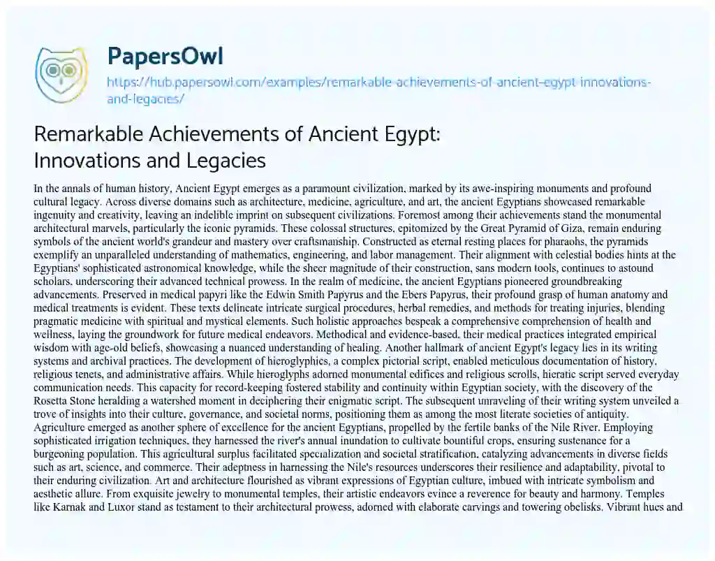 Essay on Remarkable Achievements of Ancient Egypt: Innovations and Legacies