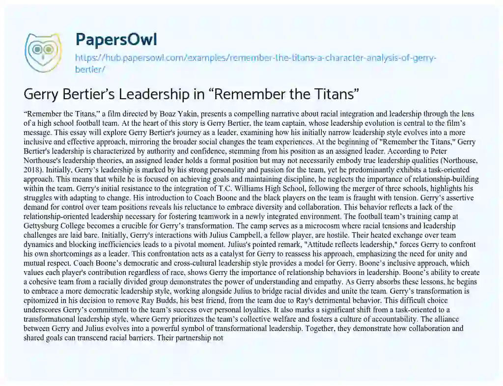 Essay on Gerry Bertier’s Leadership in “Remember the Titans”