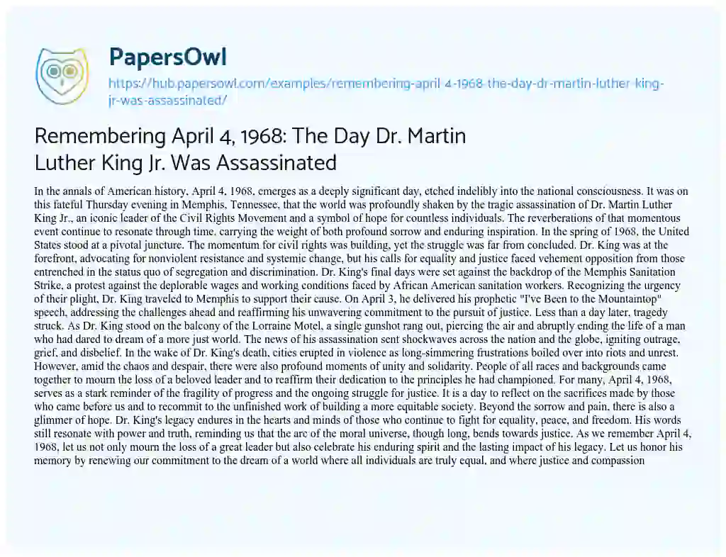 Essay on Remembering April 4, 1968: The Day Dr. Martin Luther King Jr. Was Assassinated