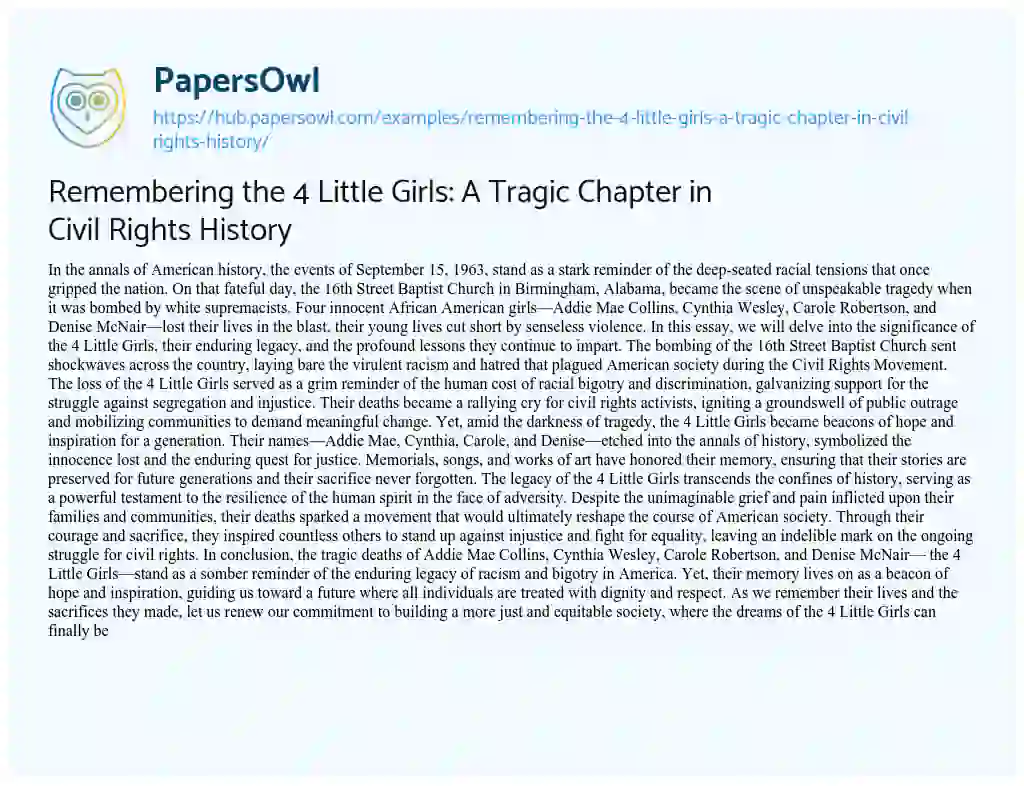 Essay on Remembering the 4 Little Girls: A Tragic Chapter in Civil Rights History