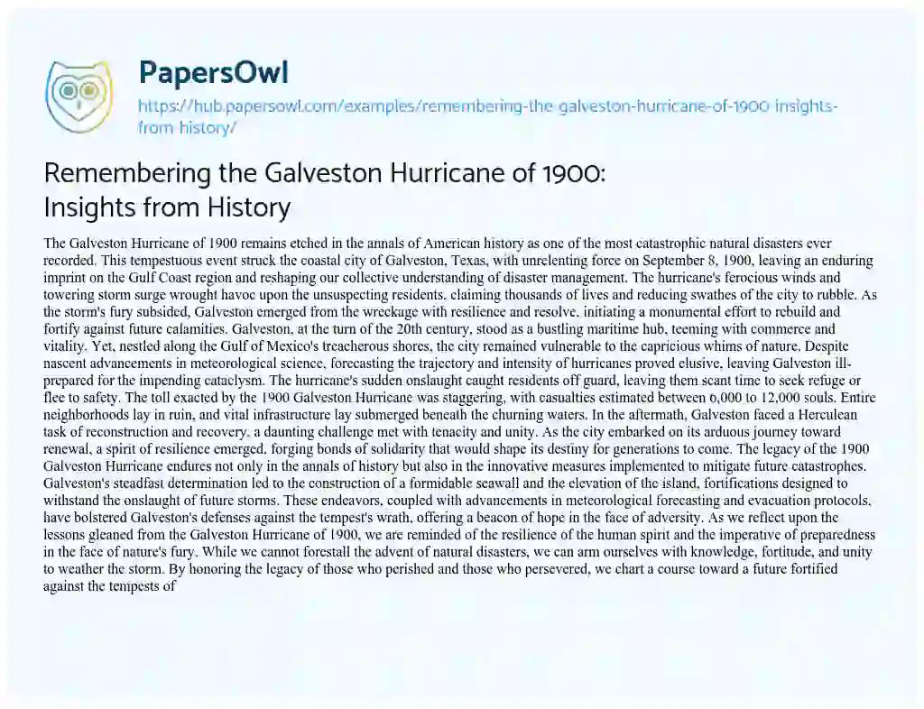 Essay on Remembering the Galveston Hurricane of 1900: Insights from History