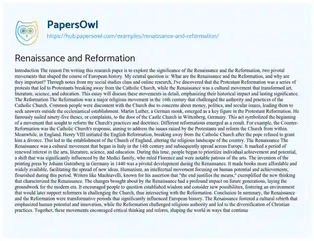 Essay on Renaissance and Reformation