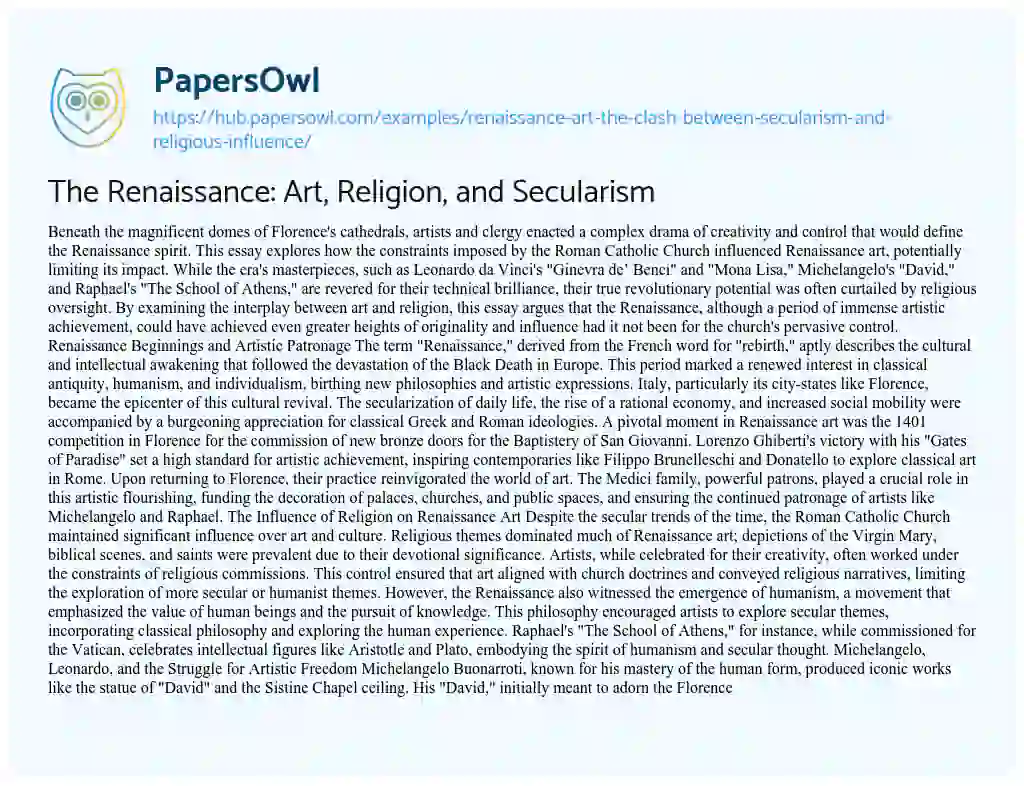 Essay on The Renaissance: Art, Religion, and Secularism