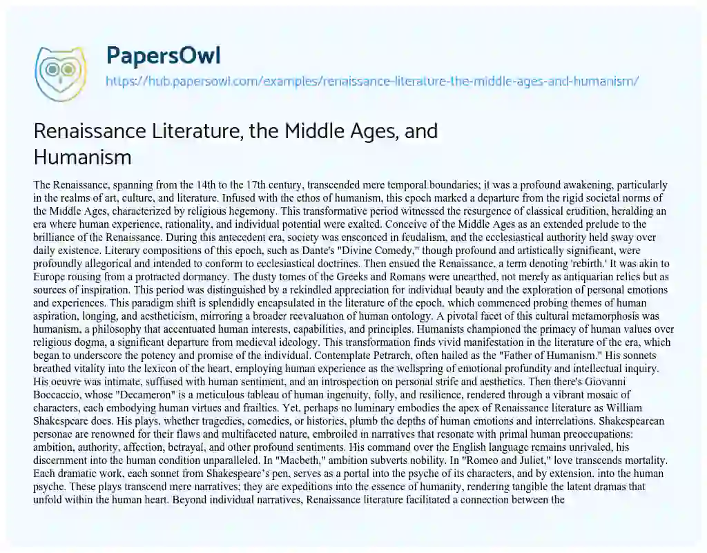 Essay on Renaissance Literature, the Middle Ages, and Humanism