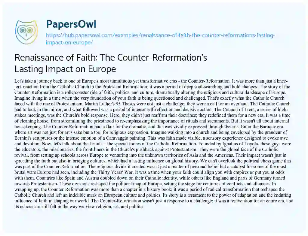 Essay on Renaissance of Faith: The Counter-Reformation’s Lasting Impact on Europe