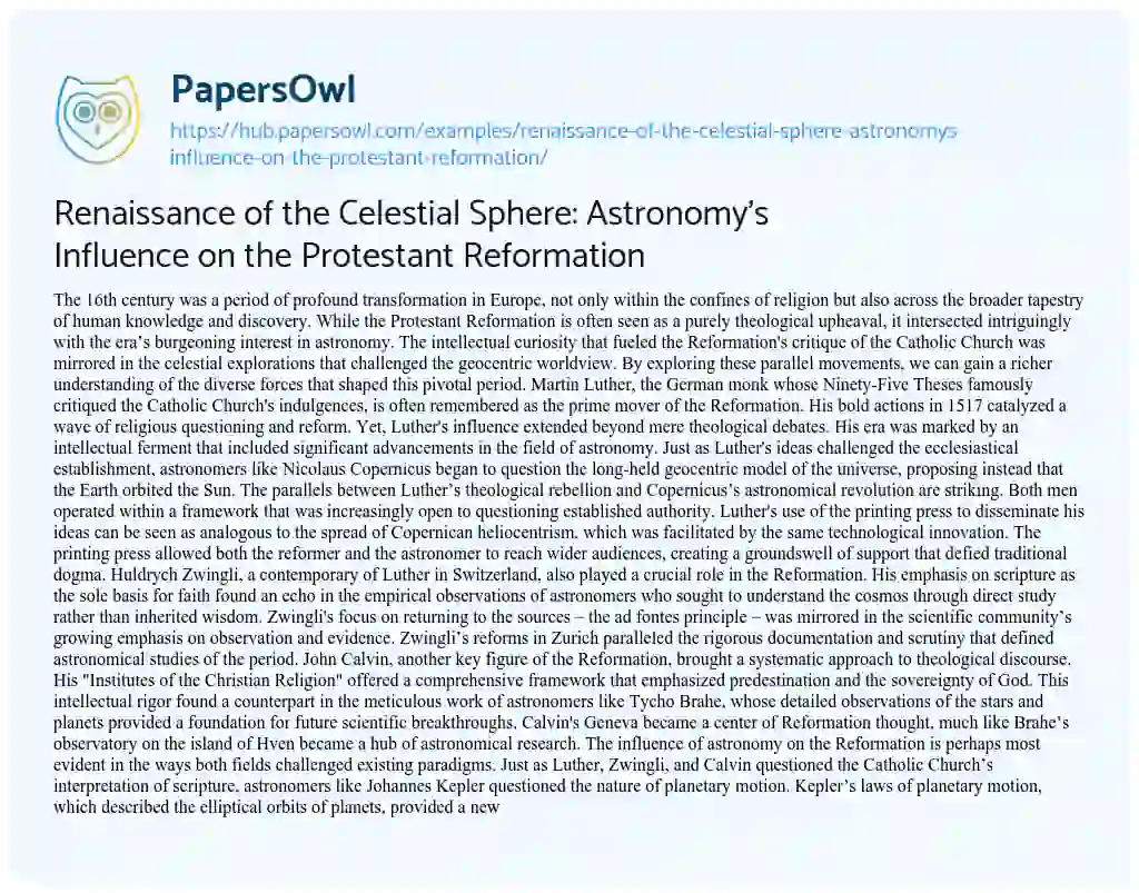 Essay on Renaissance of the Celestial Sphere: Astronomy’s Influence on the Protestant Reformation