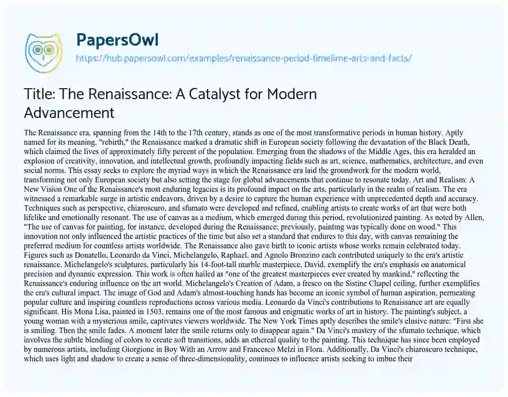 Essay on Title: The Renaissance: A Catalyst for Modern Advancement