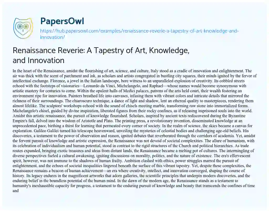 Essay on Renaissance Reverie: A Tapestry of Art, Knowledge, and Innovation