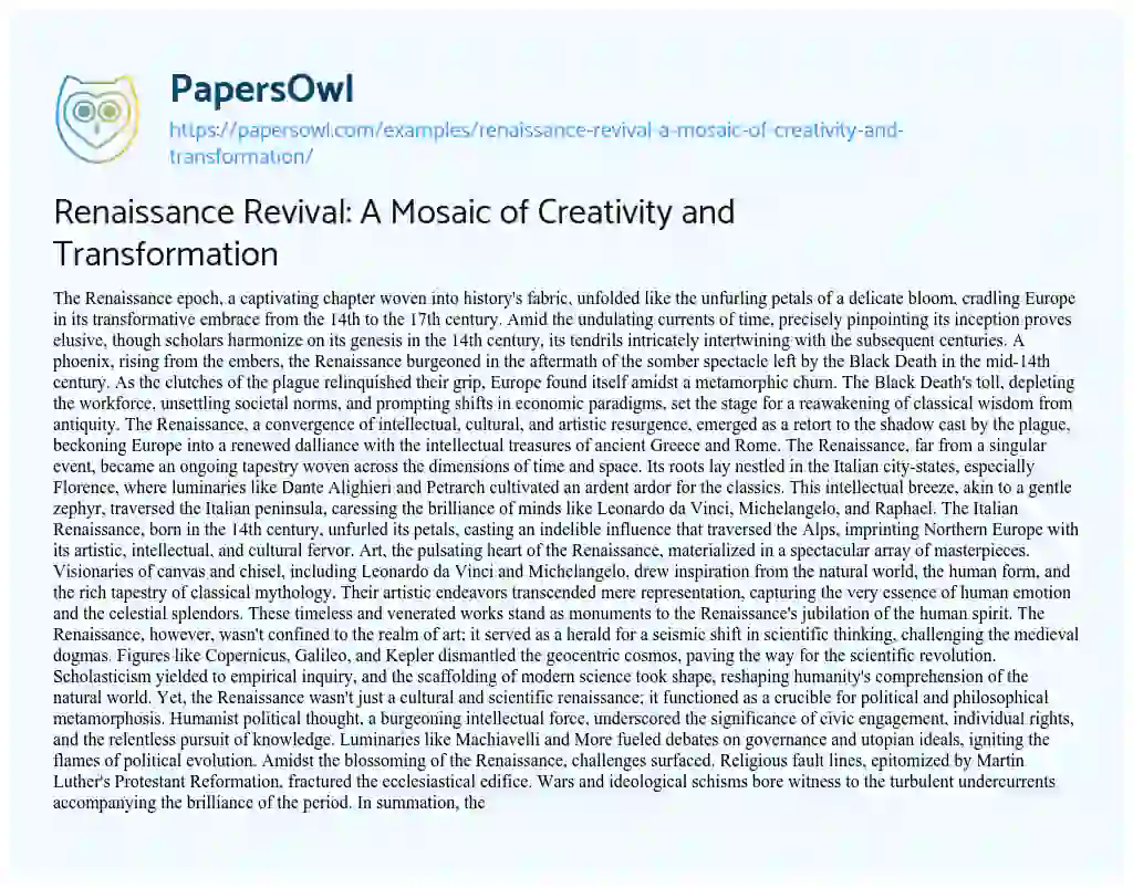 Essay on Renaissance Revival: A Mosaic of Creativity and Transformation