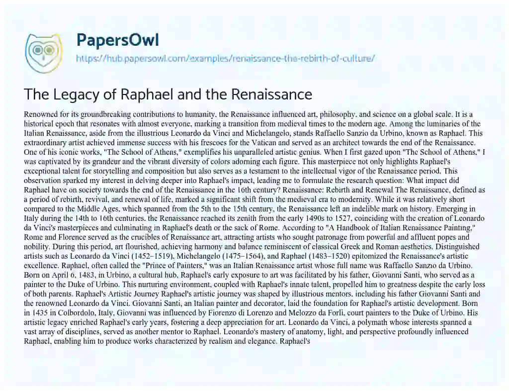 Essay on The Legacy of Raphael and the Renaissance
