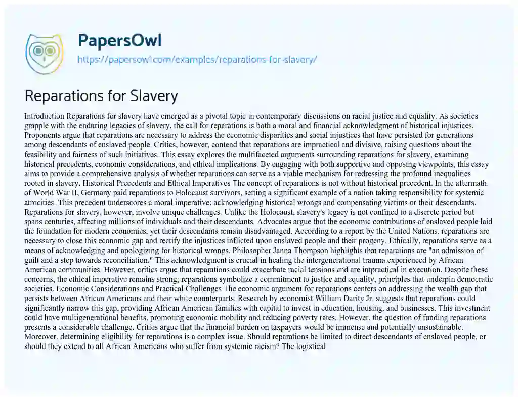 Essay on Reparations for Slavery