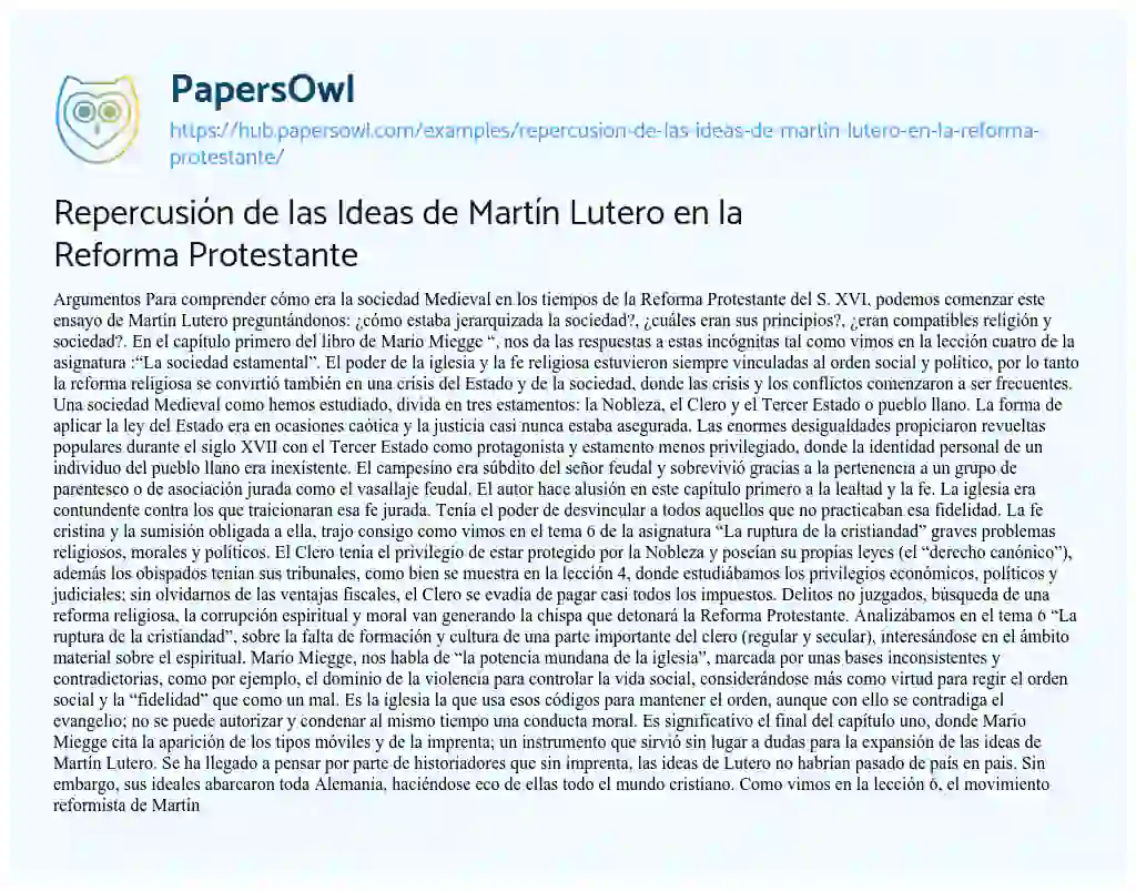 Essay on Repercusión de las Ideas de Martín Lutero en la Reforma Protestante