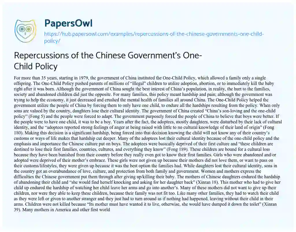 Essay on Repercussions of the Chinese Government’s One-Child Policy
