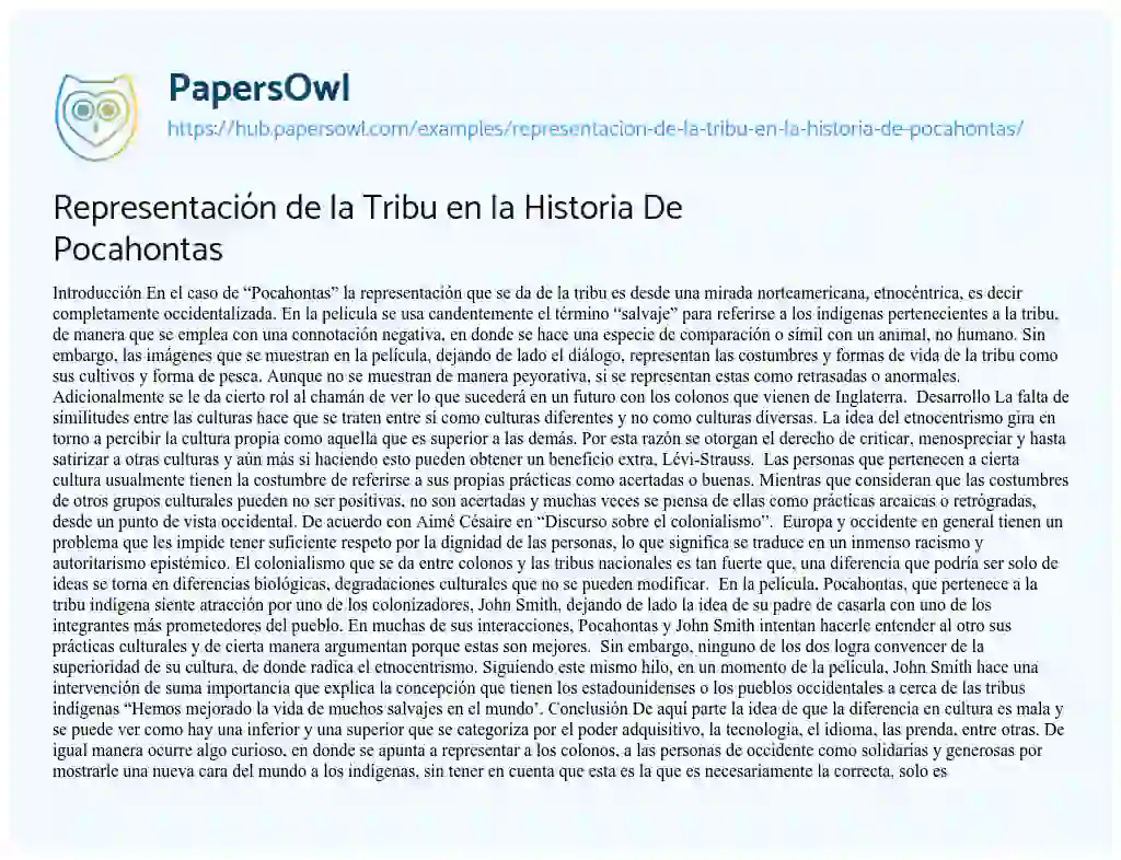 Essay on Representación de la Tribu en la Historia De Pocahontas