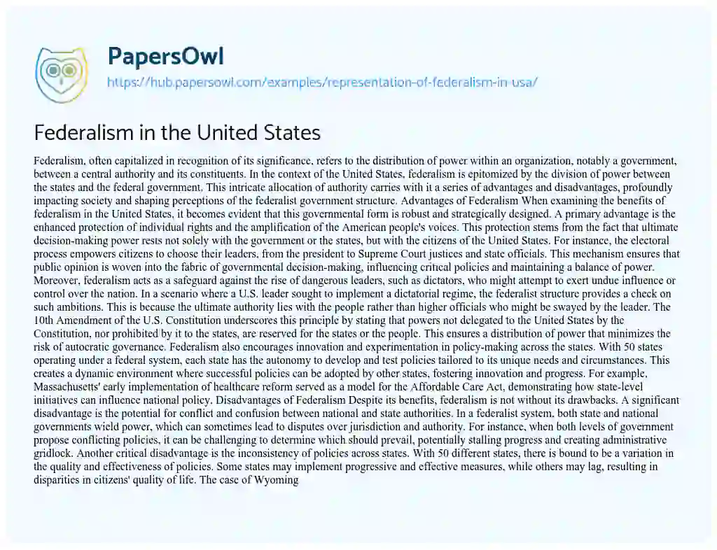 Essay on Federalism in the United States