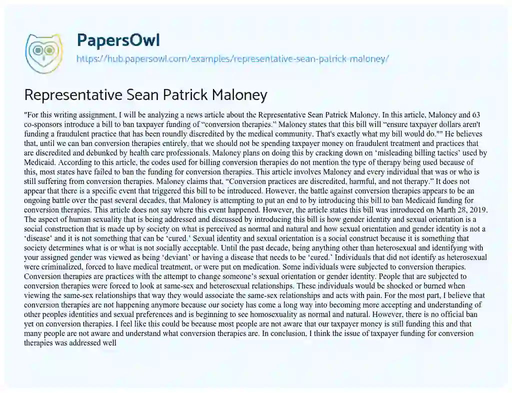 Essay on Representative Sean Patrick Maloney